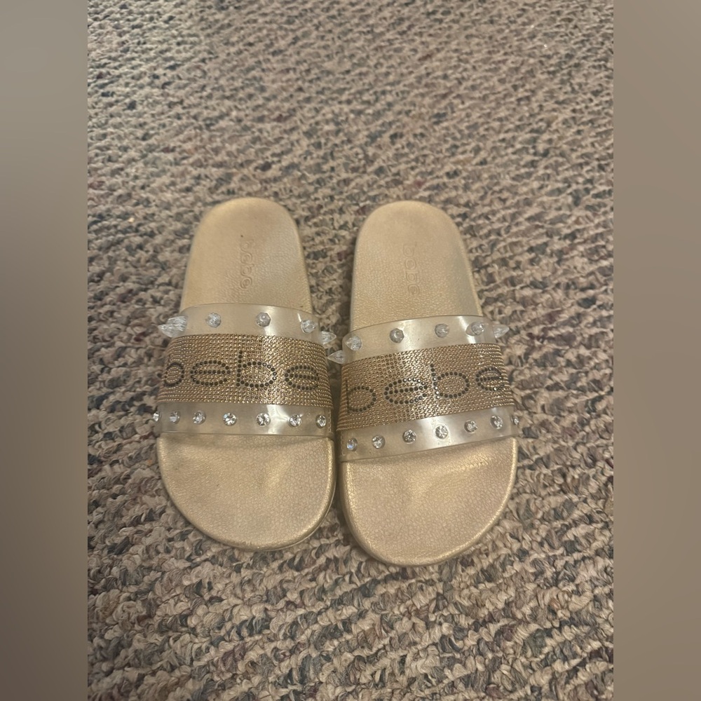 Bebe Gold Rhinestone Embellished Slides - Picture 2 of 2